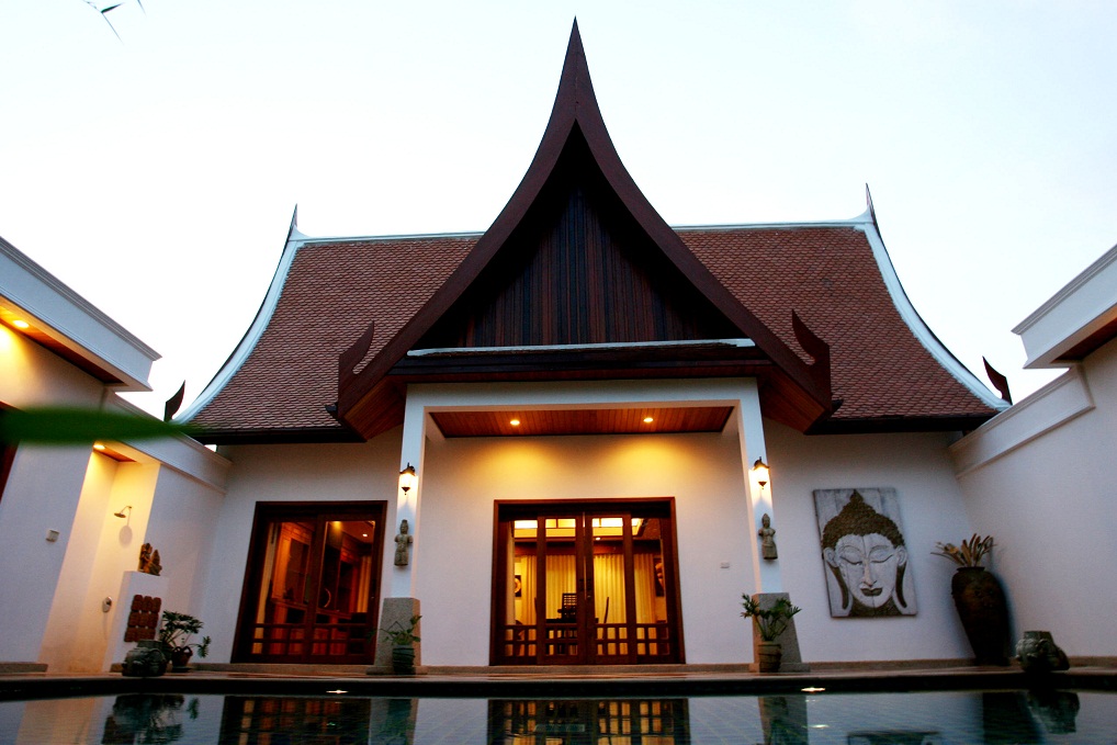 Thai architecture villas with prominent gable roofs in Phuket